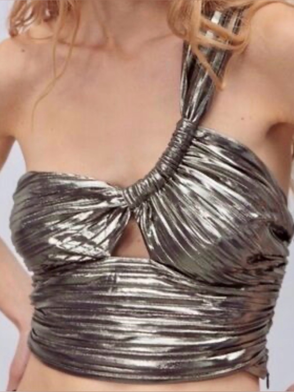 Zara Metallic One-Shoulder Twist Crop Top - Gold, Size Medium - Picture 3 of 9